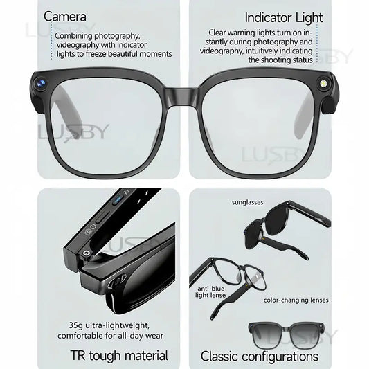 Smart AI Camera Glasses with 8MP Photochromic Lenses ,Button Touch Adjustment for Travel Outdoor Adventures Hands-Free Photography 160+Languages Real-Time Translation Bluetooth Wireless Wearable Video Recording UV Protection ,gift
