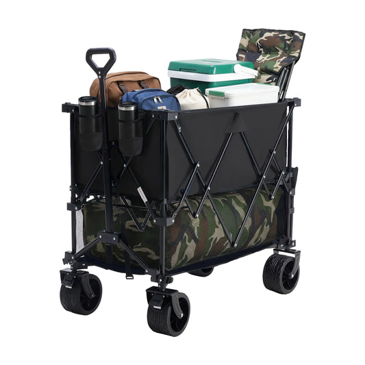 320L Heavy Duty Collapsible Outdoor Double-Decker Wagon, 440 lbs Capacity, Brakes, Flexible Handle, All-Terrain Big Wheels, Foldable for Grocery & Camping