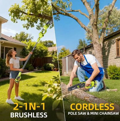 2 in 1 Mini Chainsaw with 2 x 21V Batteries, 8" Brushless Electric Pruner, Telescopic Pruning Saw, Working Height up to 15ft, 180° Angled Head, Shoulder Strap