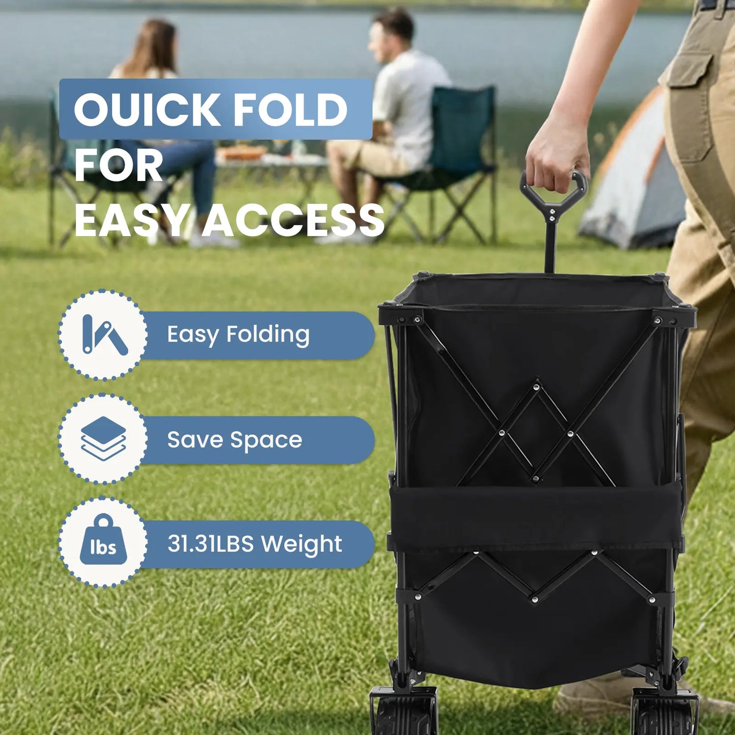320L Heavy Duty Collapsible Outdoor Double-Decker Wagon, 440 lbs Capacity, Brakes, Flexible Handle, All-Terrain Big Wheels, Foldable for Grocery & Camping