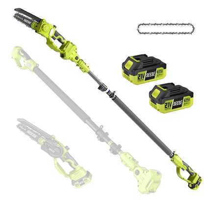 2 in 1 Mini Chainsaw with 2 x 21V Batteries, 8" Brushless Electric Pruner, Telescopic Pruning Saw, Working Height up to 15ft, 180° Angled Head, Shoulder Strap