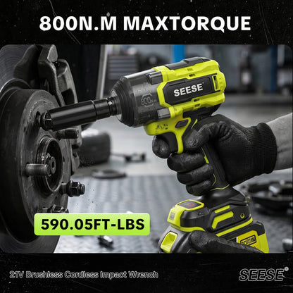 3-in-1 Cordless Impact Wrench, 590 FT-LBS (800N.m), 3200 IPM, 1/2" High Torque Impact Gun, 21V 2x4.0Ah Battery, LED Light, 9 Sockets, 6 Drills, 6 Screws & Case, for Home & Car Tire Lug Nut