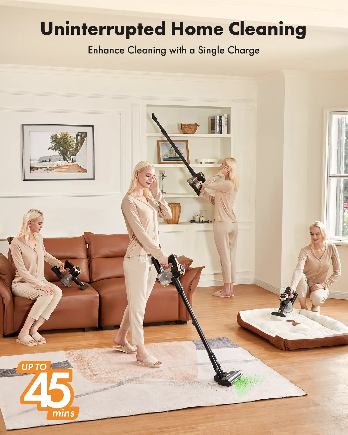 【2026 Upgraded】8-in-1 Cordless Upright Vacuum Cleaner, 45-Min Runtime, 33 kPa Suction, Lightweight, for Home, Hardwood Floors, Carpets & Pet Hair