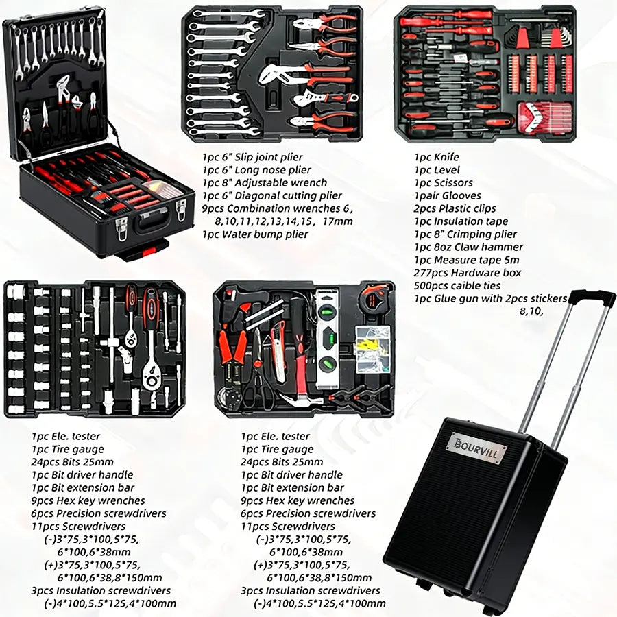 899-Piece Portable Tool Kit – Wheeled Metal Cabinet & Aluminum Alloy Storage