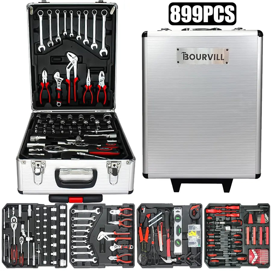 899-Piece Portable Tool Kit – Wheeled Metal Cabinet & Aluminum Alloy Storage