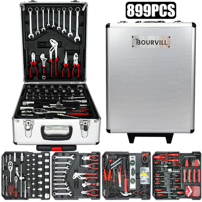 899-Piece Portable Tool Kit – Wheeled Metal Cabinet & Aluminum Alloy Storage