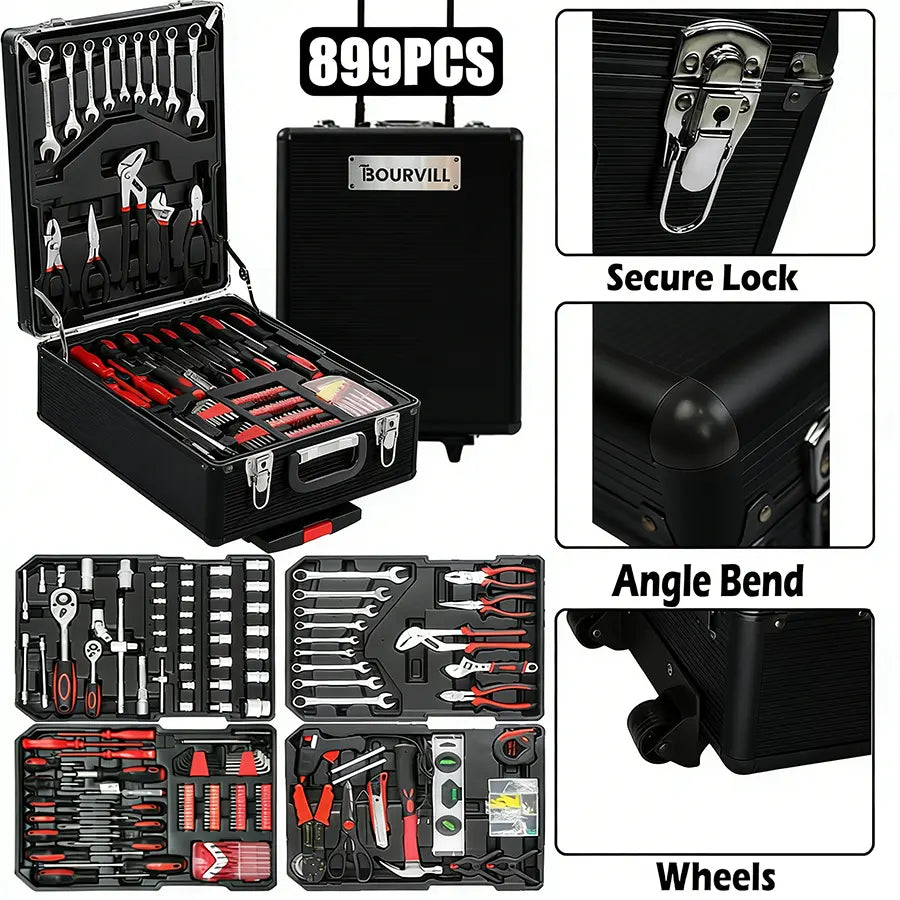 899-Piece Portable Tool Kit – Wheeled Metal Cabinet & Aluminum Alloy Storage