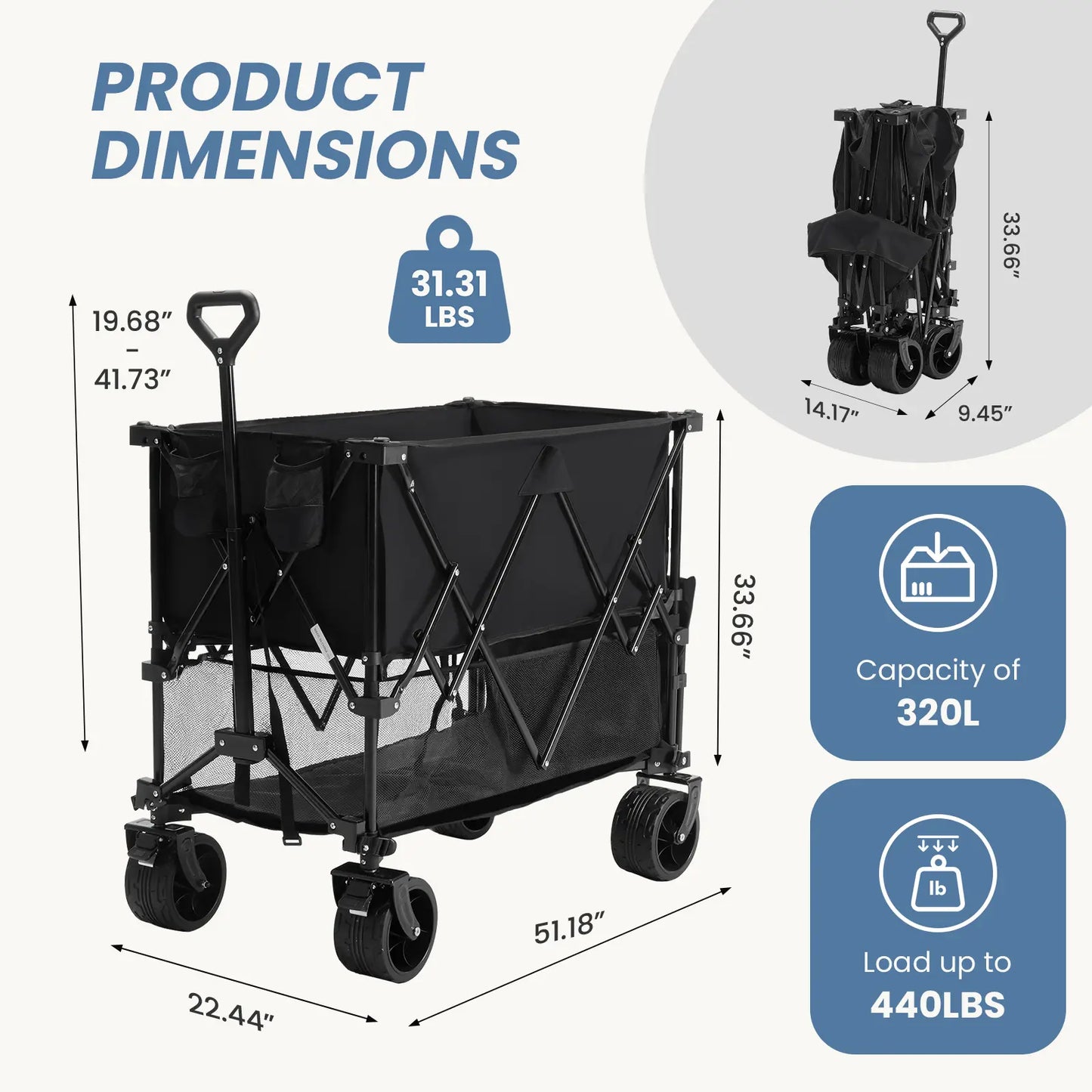320L Heavy Duty Collapsible Outdoor Double-Decker Wagon, 440 lbs Capacity, Brakes, Flexible Handle, All-Terrain Big Wheels, Foldable for Grocery & Camping