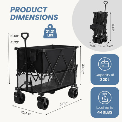 320L Heavy Duty Collapsible Outdoor Double-Decker Wagon, 440 lbs Capacity, Brakes, Flexible Handle, All-Terrain Big Wheels, Foldable for Grocery & Camping