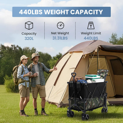 320L Heavy Duty Collapsible Outdoor Double-Decker Wagon, 440 lbs Capacity, Brakes, Flexible Handle, All-Terrain Big Wheels, Foldable for Grocery & Camping