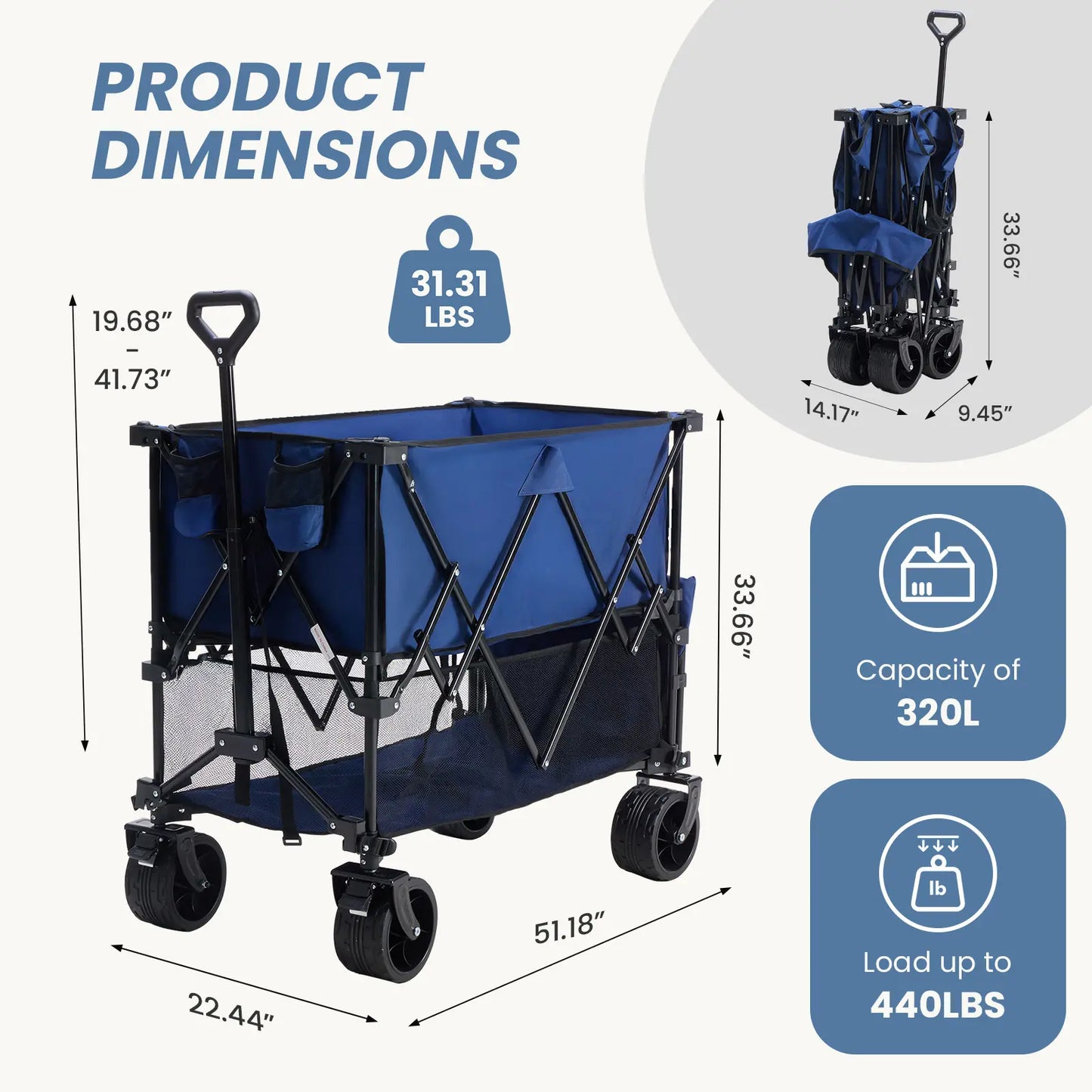 320L Heavy Duty Collapsible Outdoor Double-Decker Wagon, 440 lbs Capacity, Brakes, Flexible Handle, All-Terrain Big Wheels, Foldable for Grocery & Camping