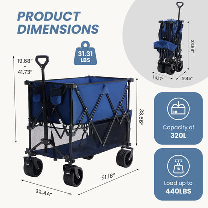 320L Heavy Duty Collapsible Outdoor Double-Decker Wagon, 440 lbs Capacity, Brakes, Flexible Handle, All-Terrain Big Wheels, Foldable for Grocery & Camping