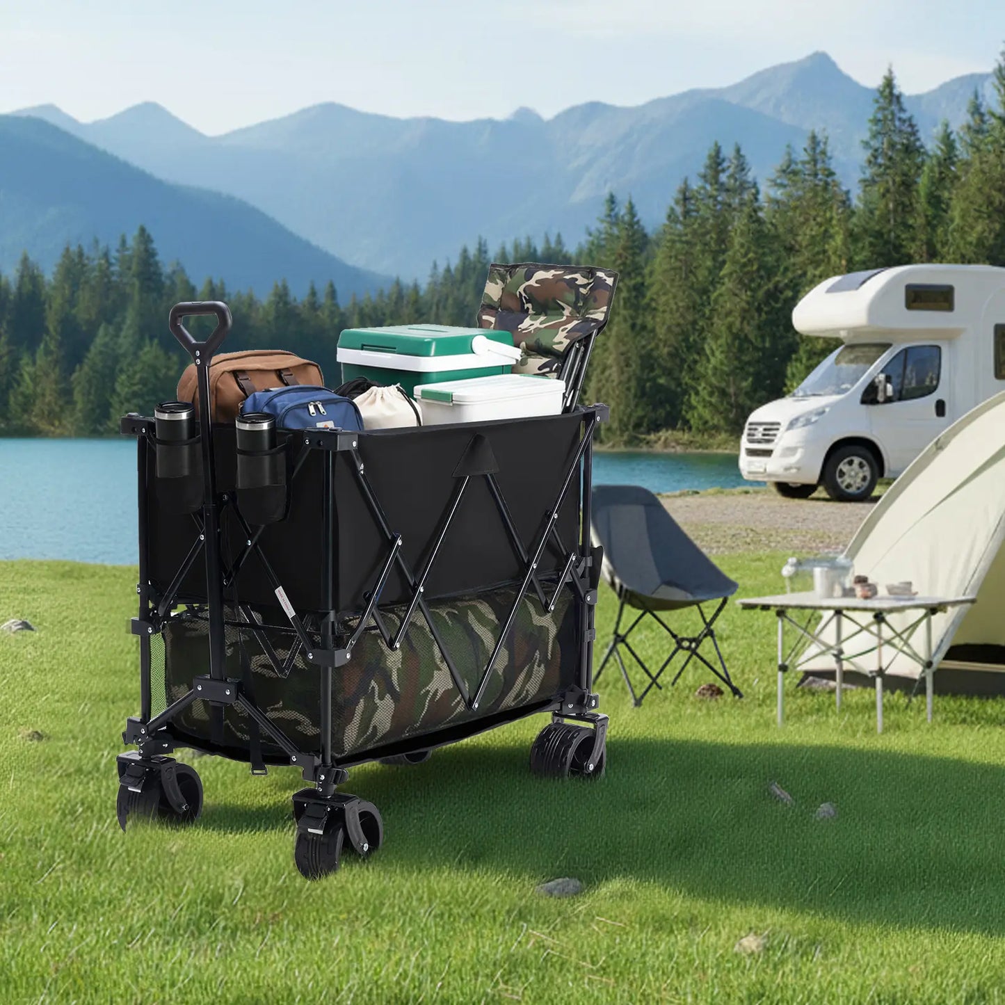 320L Heavy Duty Collapsible Outdoor Double-Decker Wagon, 440 lbs Capacity, Brakes, Flexible Handle, All-Terrain Big Wheels, Foldable for Grocery & Camping