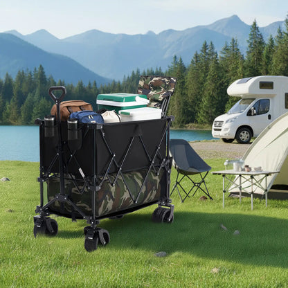 320L Heavy Duty Collapsible Outdoor Double-Decker Wagon, 440 lbs Capacity, Brakes, Flexible Handle, All-Terrain Big Wheels, Foldable for Grocery & Camping