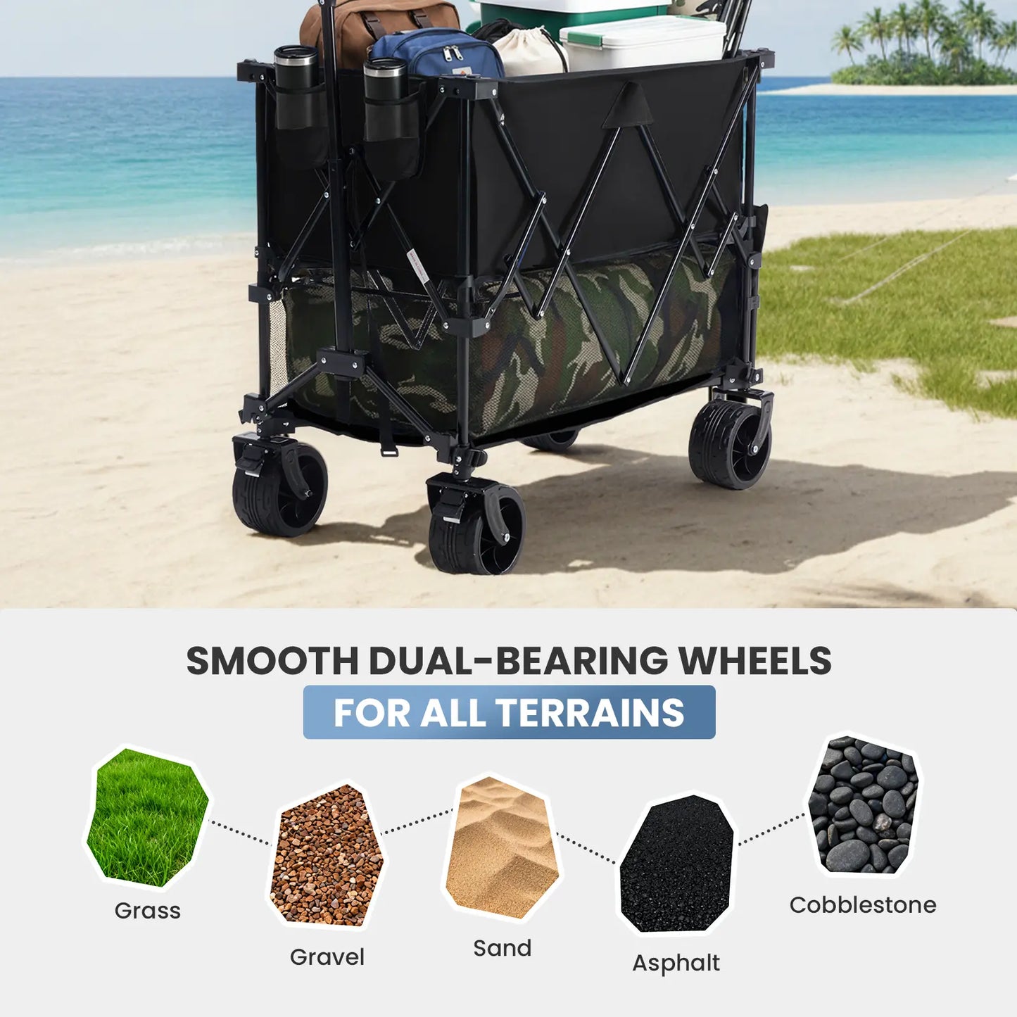 320L Heavy Duty Collapsible Outdoor Double-Decker Wagon, 440 lbs Capacity, Brakes, Flexible Handle, All-Terrain Big Wheels, Foldable for Grocery & Camping
