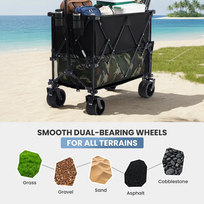320L Heavy Duty Collapsible Outdoor Double-Decker Wagon, 440 lbs Capacity, Brakes, Flexible Handle, All-Terrain Big Wheels, Foldable for Grocery & Camping