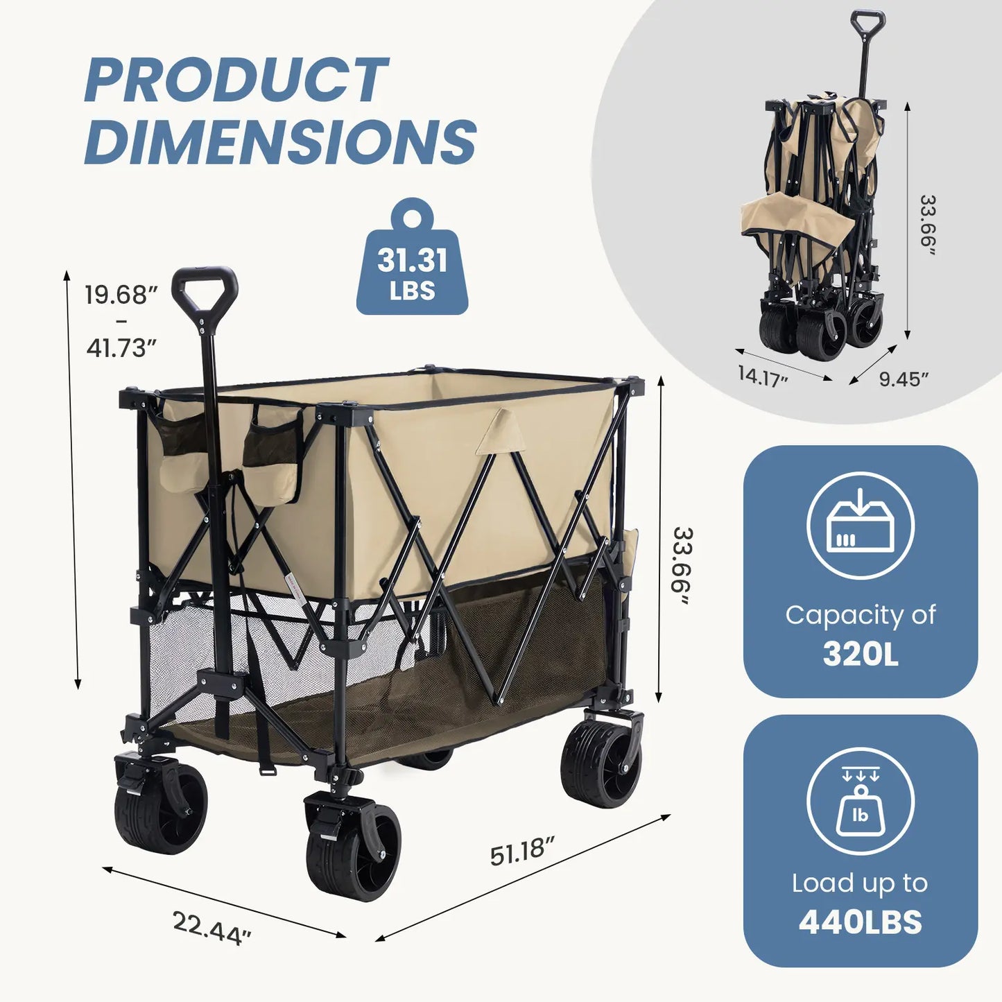 320L Heavy Duty Collapsible Outdoor Double-Decker Wagon, 440 lbs Capacity, Brakes, Flexible Handle, All-Terrain Big Wheels, Foldable for Grocery & Camping