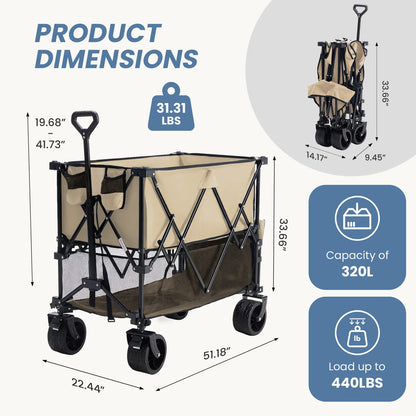 320L Heavy Duty Collapsible Outdoor Double-Decker Wagon, 440 lbs Capacity, Brakes, Flexible Handle, All-Terrain Big Wheels, Foldable for Grocery & Camping