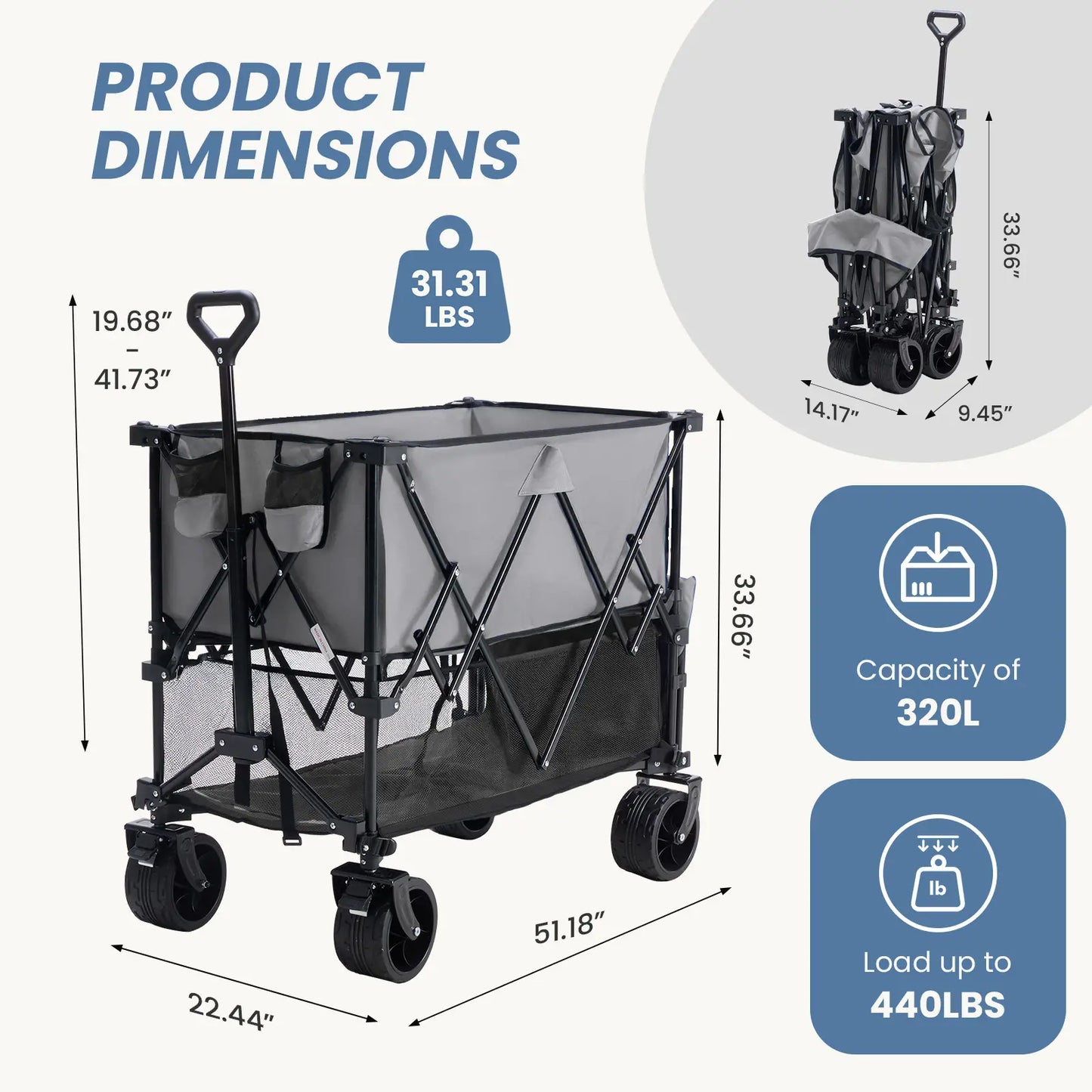 320L Heavy Duty Collapsible Outdoor Double-Decker Wagon, 440 lbs Capacity, Brakes, Flexible Handle, All-Terrain Big Wheels, Foldable for Grocery & Camping