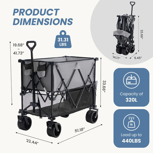 320L Heavy Duty Collapsible Outdoor Double-Decker Wagon, 440 lbs Capacity, Brakes, Flexible Handle, All-Terrain Big Wheels, Foldable for Grocery & Camping